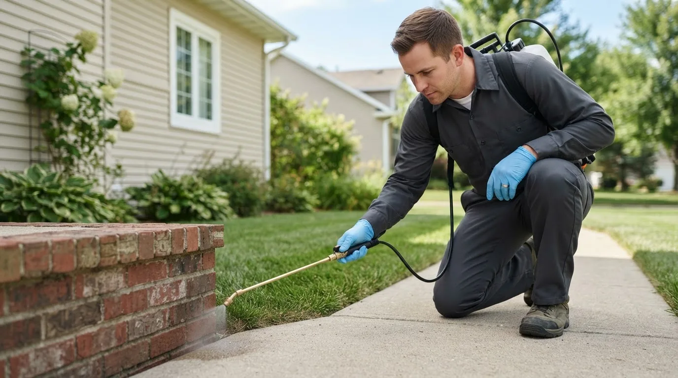 Pest control technician treating a home near Olton, TX